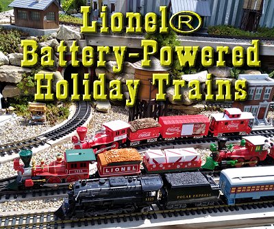 Lionel's Battery-Powered Holiday Trains.  This photo compares the sizes of the three most reliable brands: New Bright (at the left), Scientific Toys/Ez-Tek (at the right), and Lionel (bottom).  Click for larger photo.