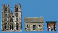 This composite photo shows the relative size of these structures as they would be adapted for use in a holiday village. Note that the cathedral has been especially reduced in height. Click for bigger photo.